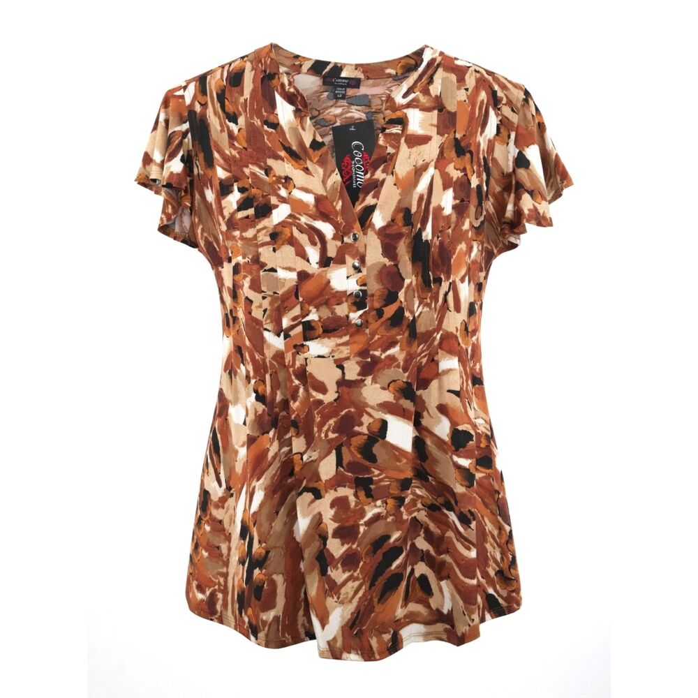 Cocomo Plus Size 3X Hues of Brown Geo Print Pintuck Flutter Short Sleeve Top